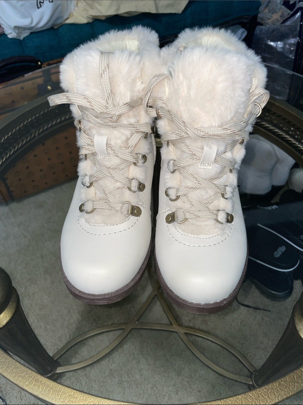 Earth Origins Women's Cream Faux Fur Lace-Up Winter Boots
